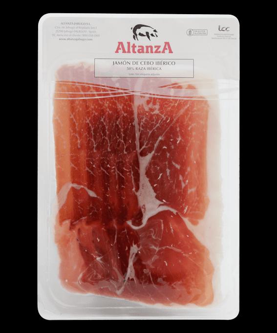 Jamón de cebo 50% ibérico Altanza, envase real de 80 g visto de frente