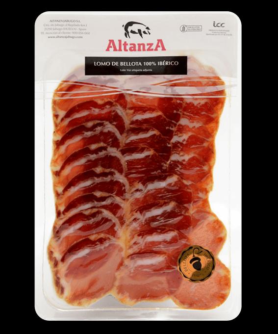 Lomo de bellota 100% ibérico Altanza, envase real de 80 g visto de frente