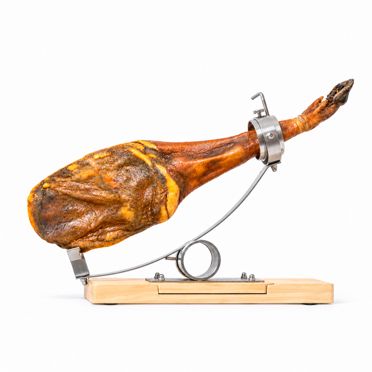 Presentazione illustrativa generata con IA: spalla iberica Cebo su un supporto per prosciutto.