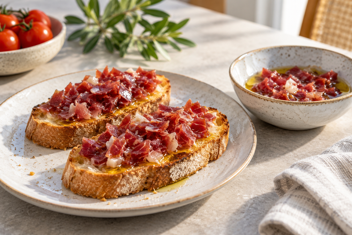 To skiver toast med olivenolie og finthakket skinke ved siden af en åben skål