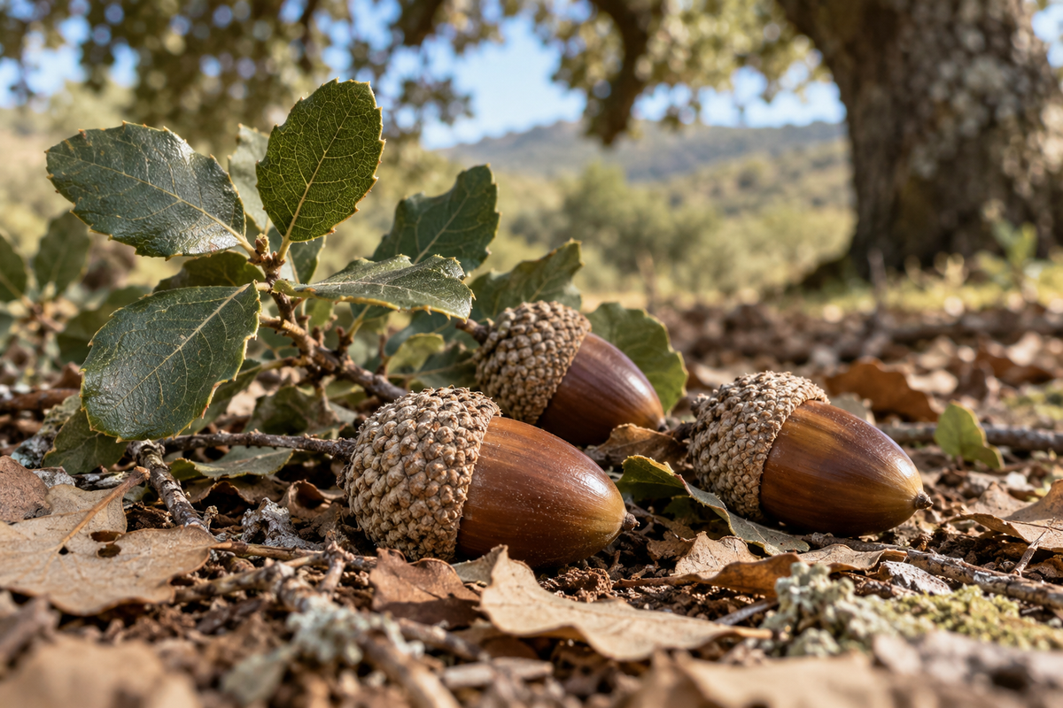 Bellotas maduras con sus cúpulas sobre hojas de encina, ilustración de IA
