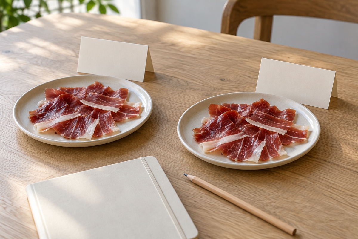 Dos platos de jamón con tarjetas sin escribir para una cata comparativa; imagen editorial de IA