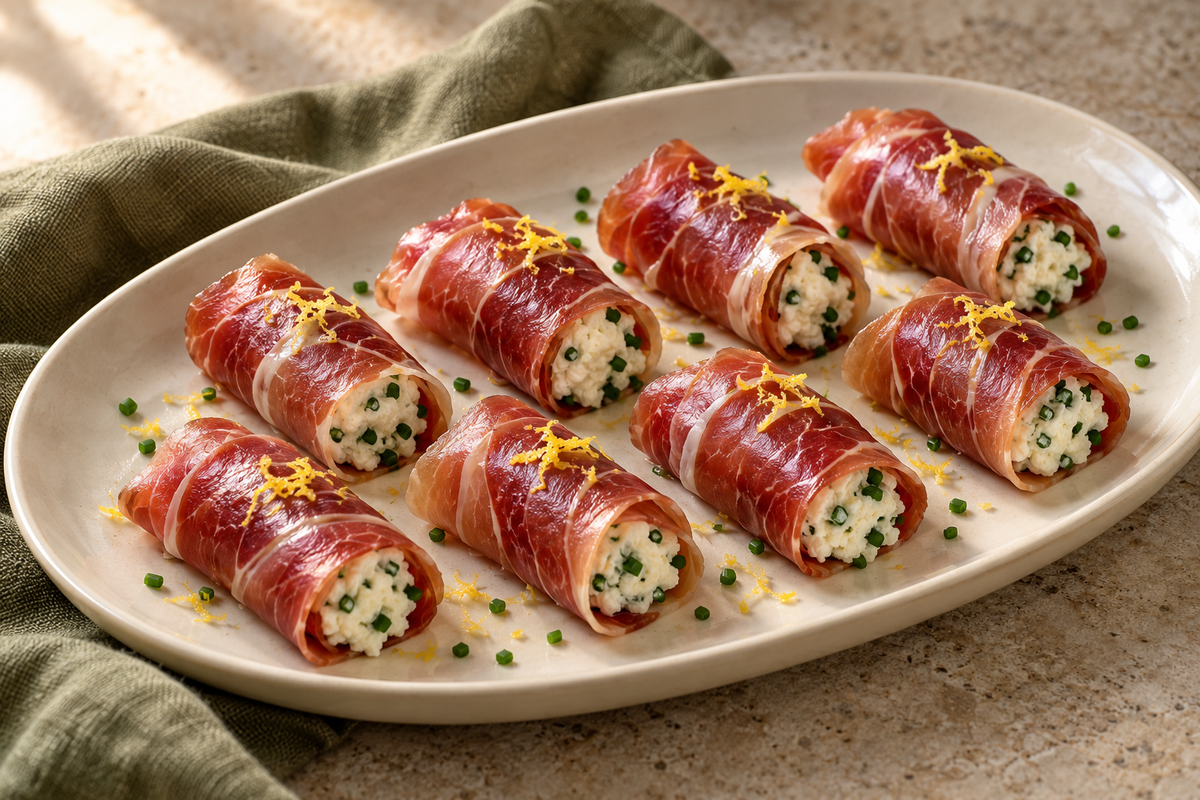 Ocho rollitos pequeños de jamón con ricotta y cebollino