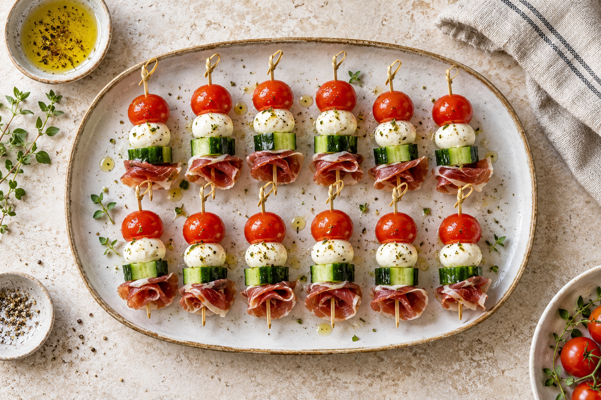 Fad med kolde spyd af cherrytomat, mozzarella, agurk og skinke