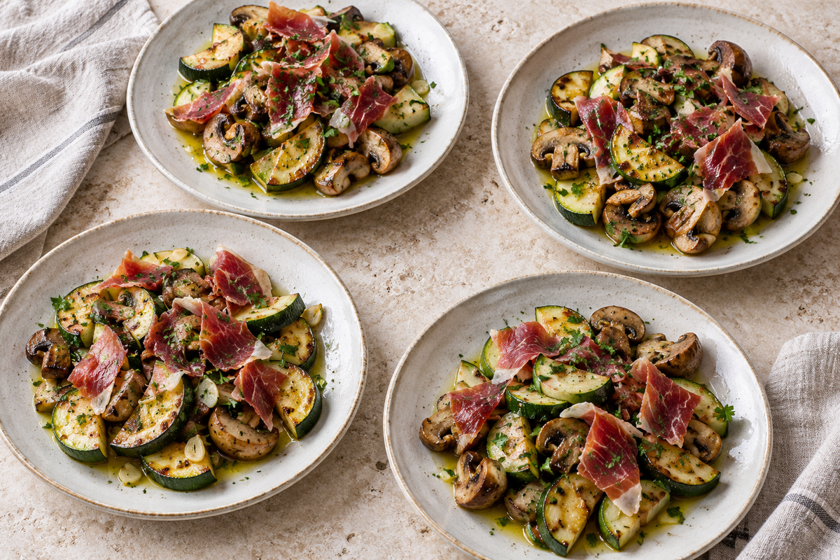 Poêlée de courgettes, champignons et jambon sur une table claire; image éditoriale IA