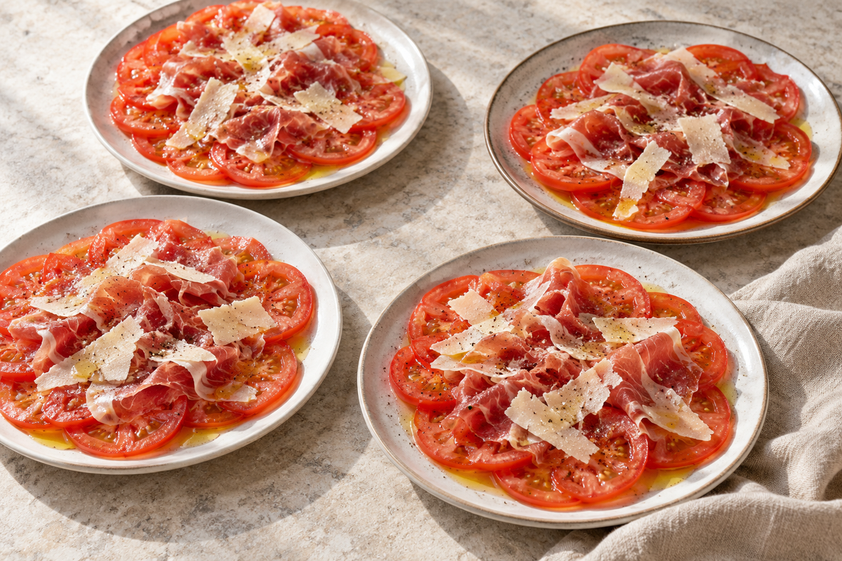 Carpaccio de tomate con jamón y lascas de parmesano