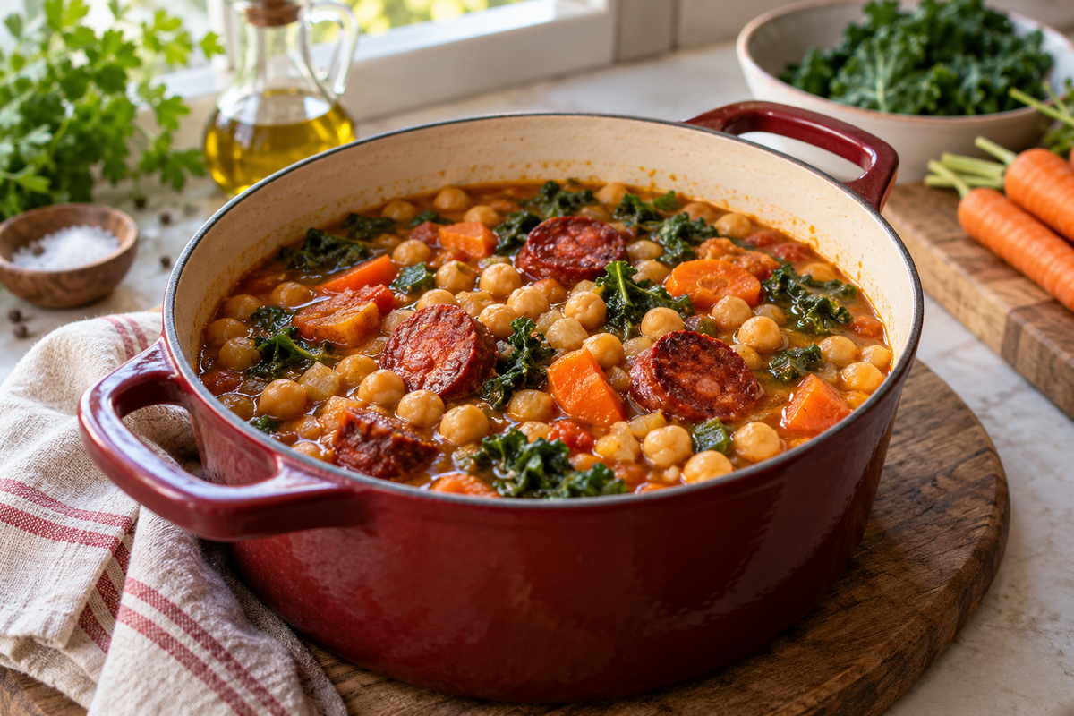 Mijoté de pois chiches et légumes au chorizo, scène éditoriale