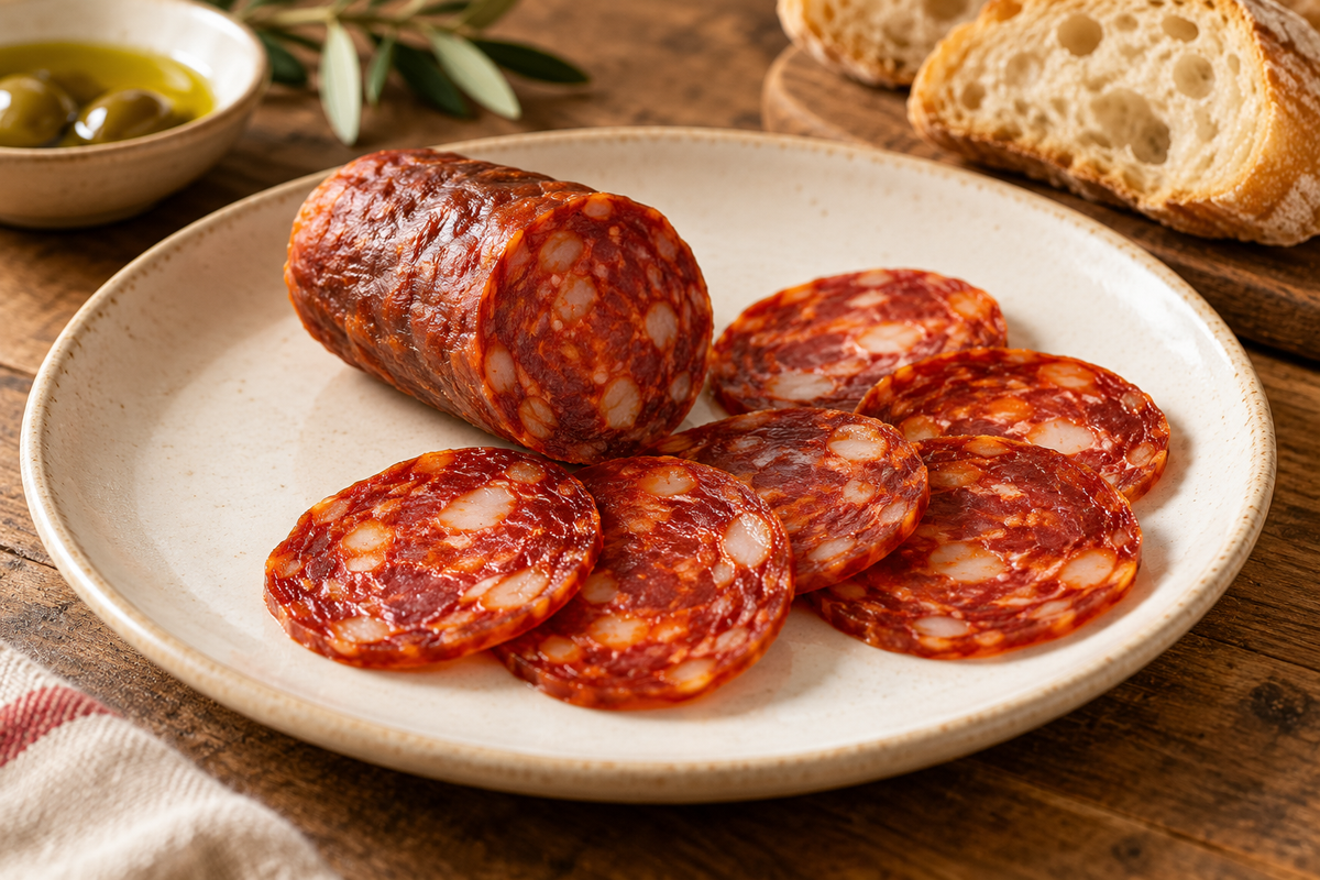 Przykładowy kawałek i plastry dojrzewającego chorizo na talerzu