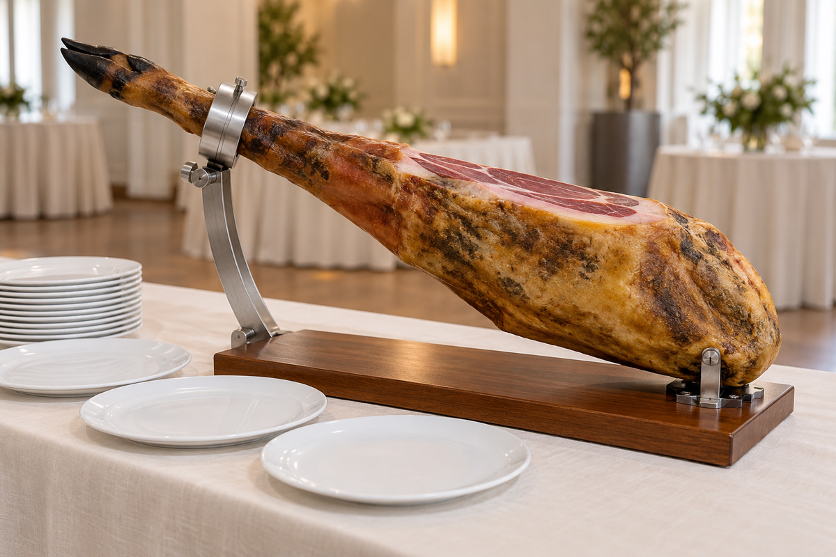Pieza de jamón fijada en soporte sobre una mesa preparada para un evento, ilustración de IA