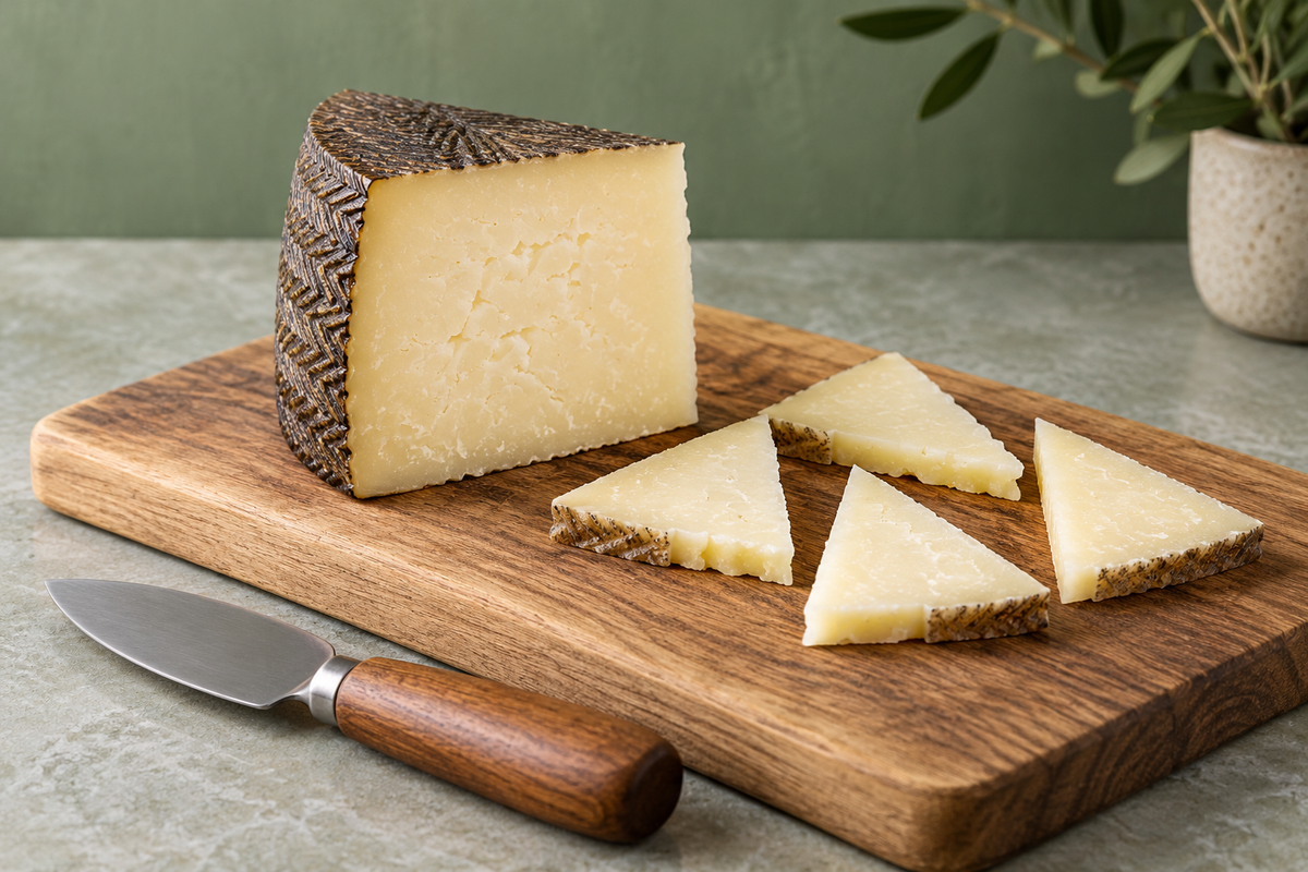 Cuña de queso firme y porciones triangulares en una tabla con cuchillo apoyado; imagen editorial de IA