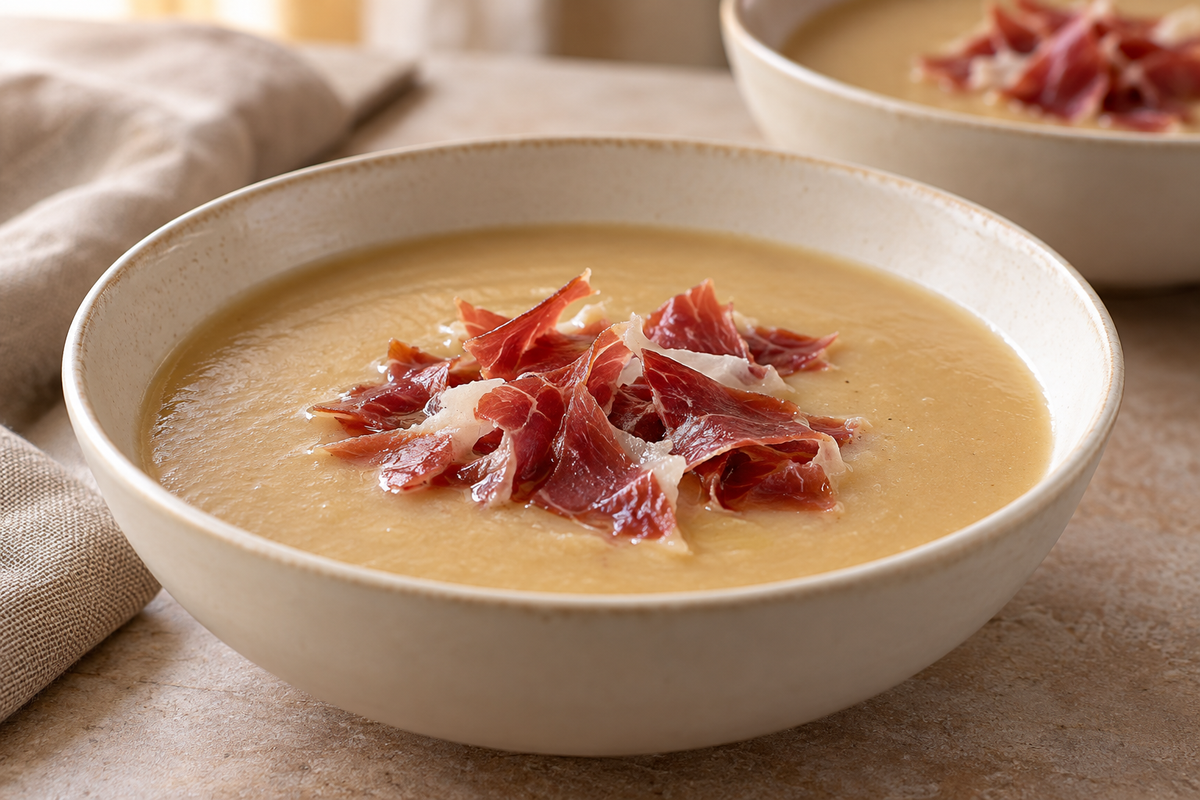 Crema beige de castañas con pliegues de jamón en dos cuencos; imagen editorial de IA