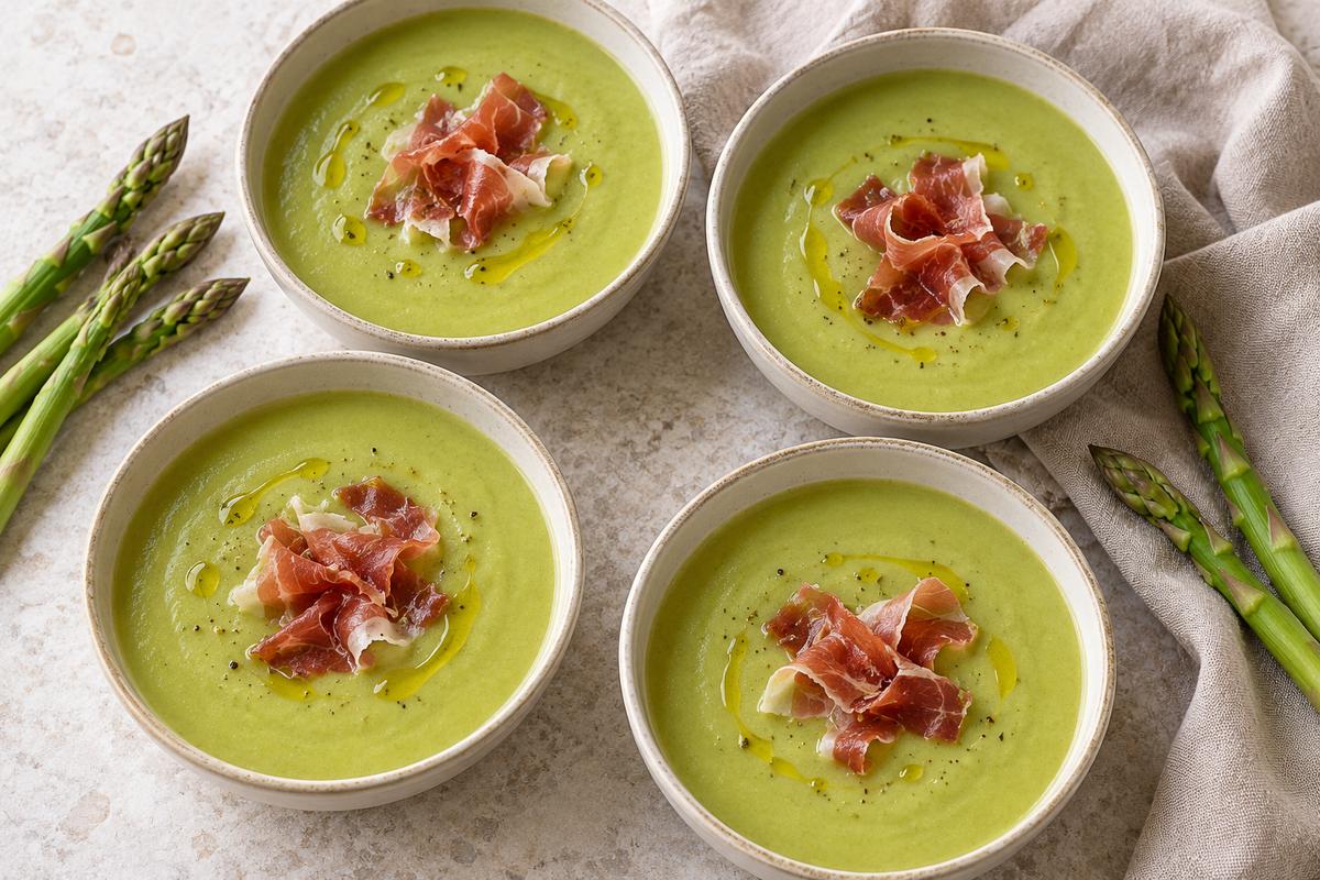 Skåle med grøn aspargessuppe og skinke