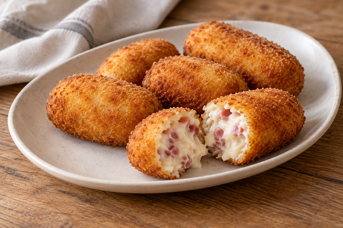 Croquetas doradas de jamón y una abierta mostrando el relleno; ilustración de IA