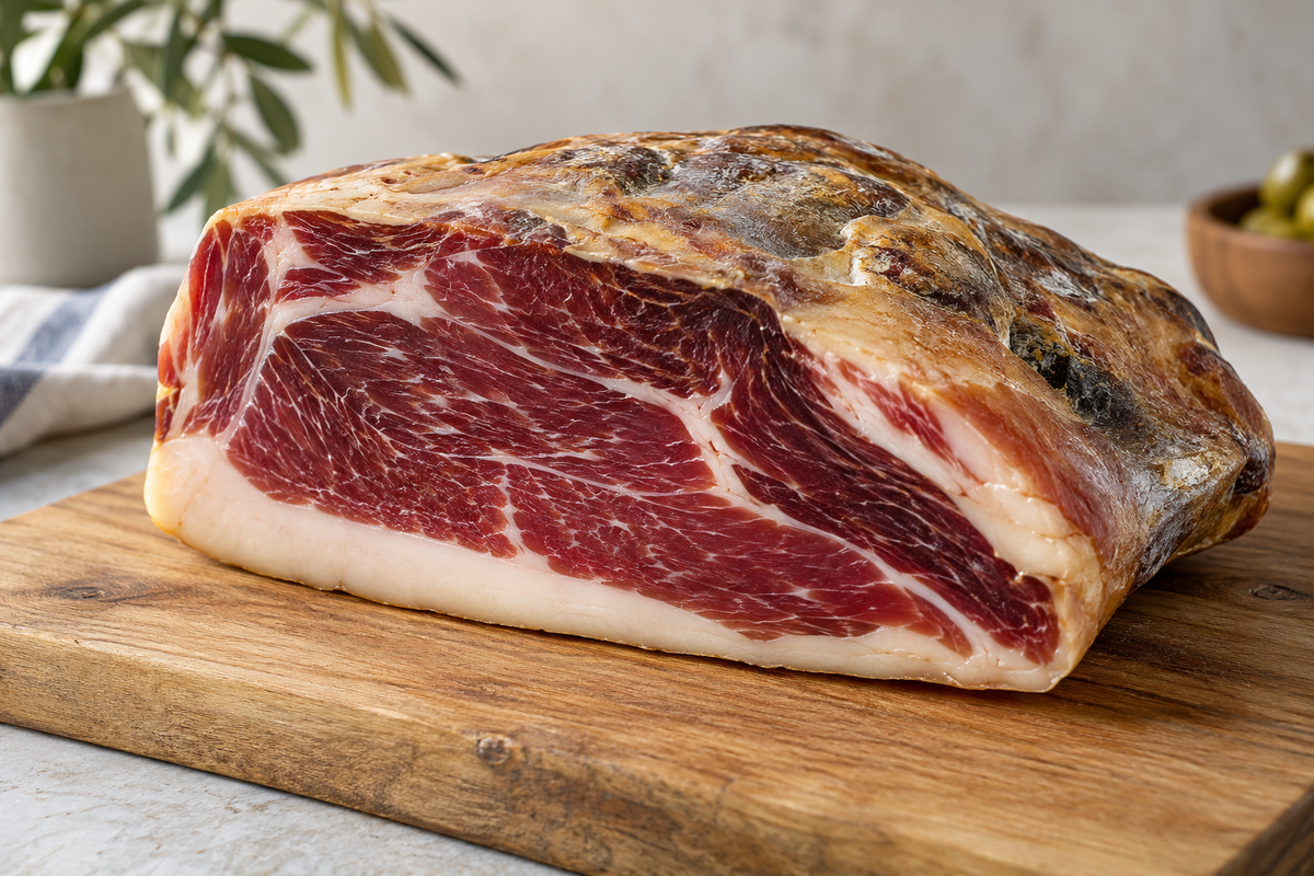 Pièce de jambon sec désossée sur planche, photographie éditoriale