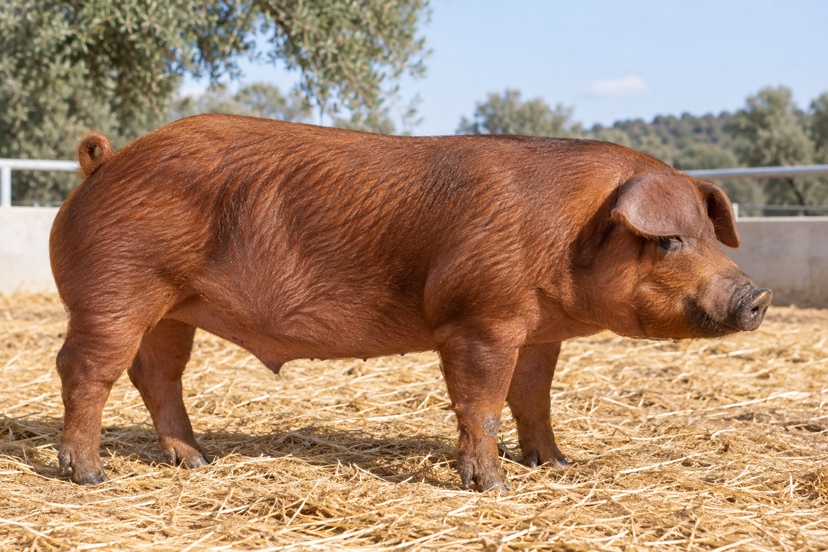 Rødlig gris med hængeører i en redaktionel fremstilling af Duroc