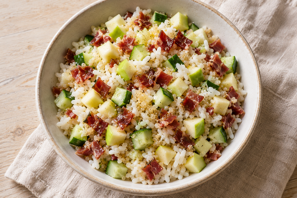 Insalata fredda di riso e quinoa con mela, cetriolo e prosciutto
