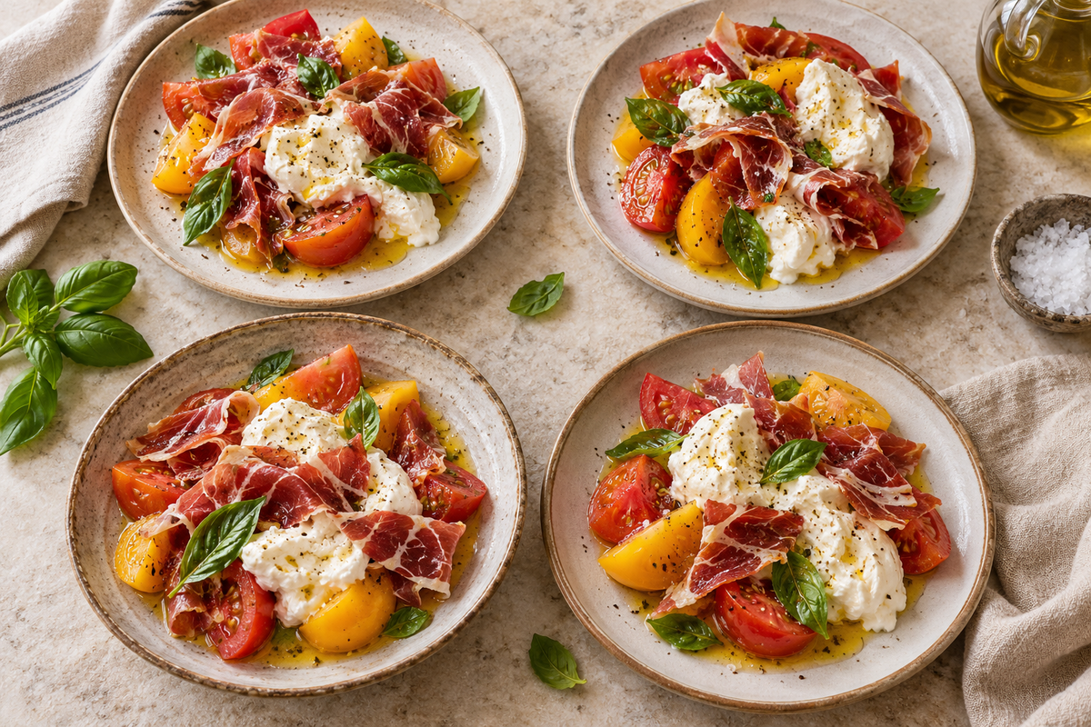 Red and yellow tomato salad with burrata, basil and cured ham