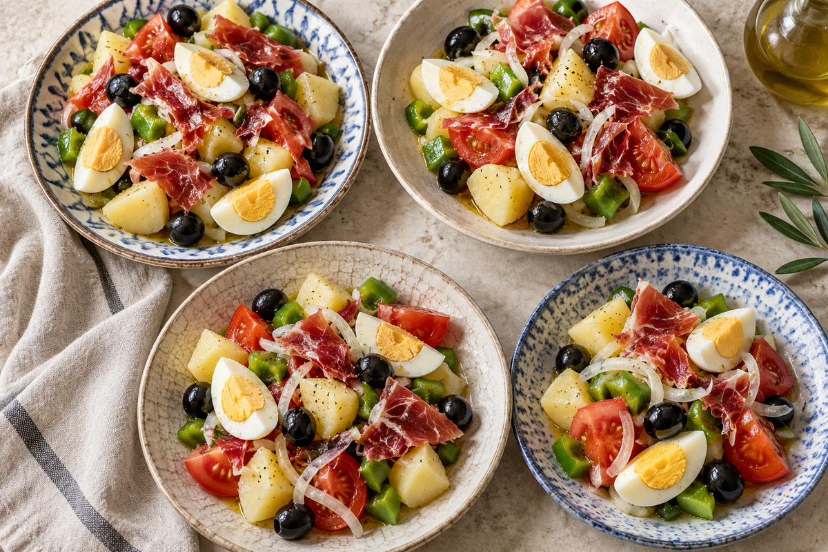 Spanish potato salad with hard-boiled eggs, vegetables and ham; AI editorial image