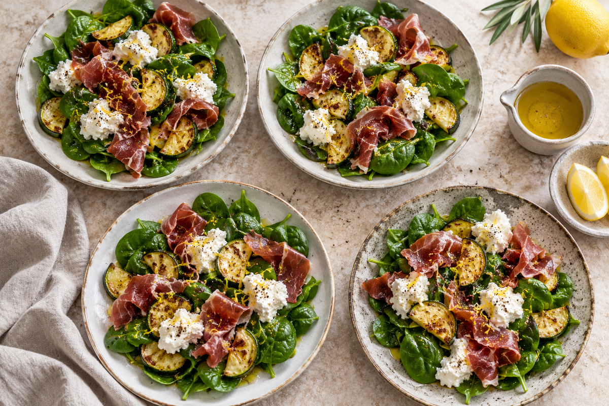 Spinatsalat med squash, ricotta og skinke; redaktionelt AI-billede