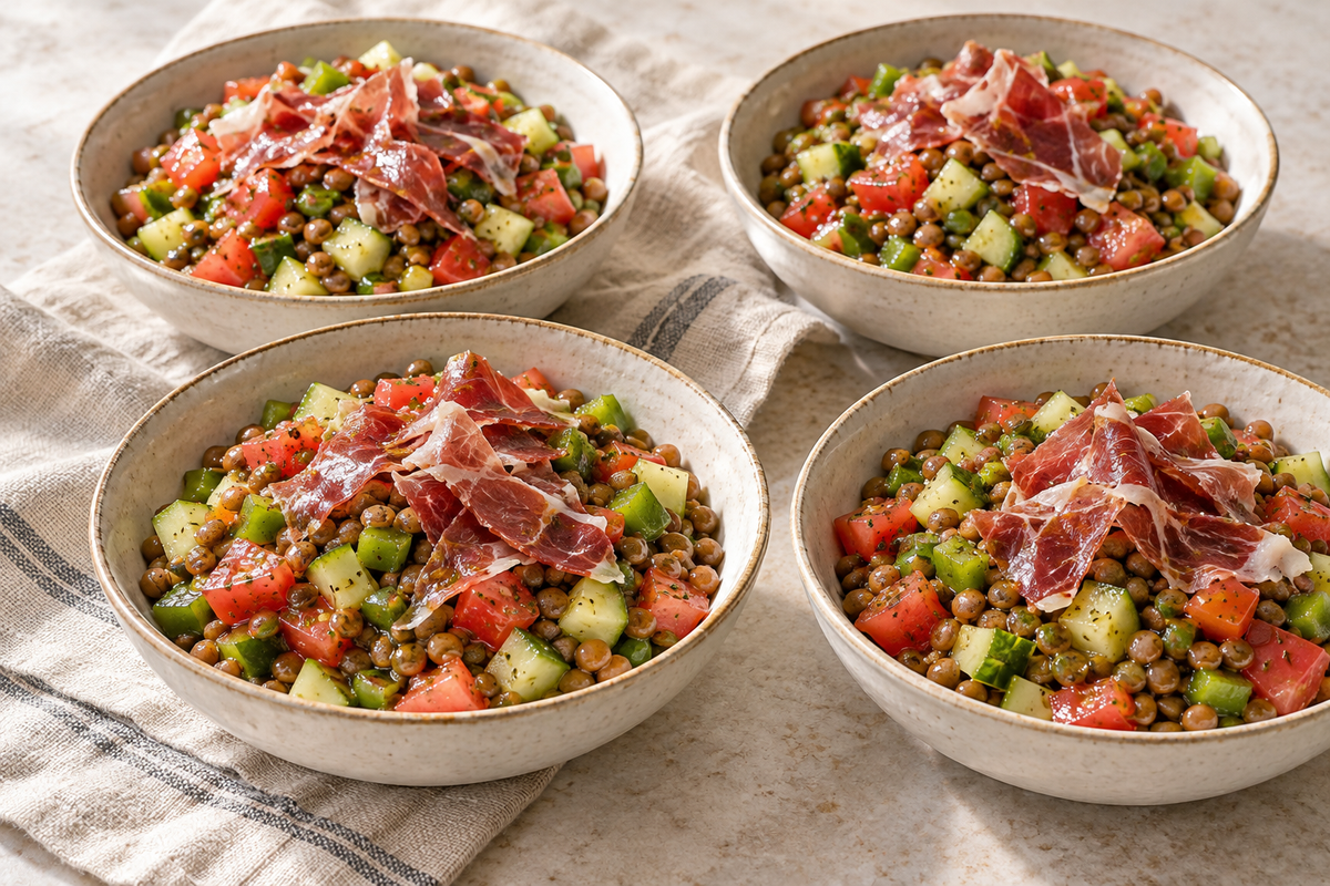 Ensalada de lentejas, pepino, tomate y pimiento con jamón