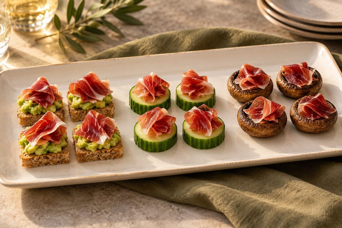 Bandeja con tostas de aguacate, rodajas de pepino y champiñones terminados con jamón