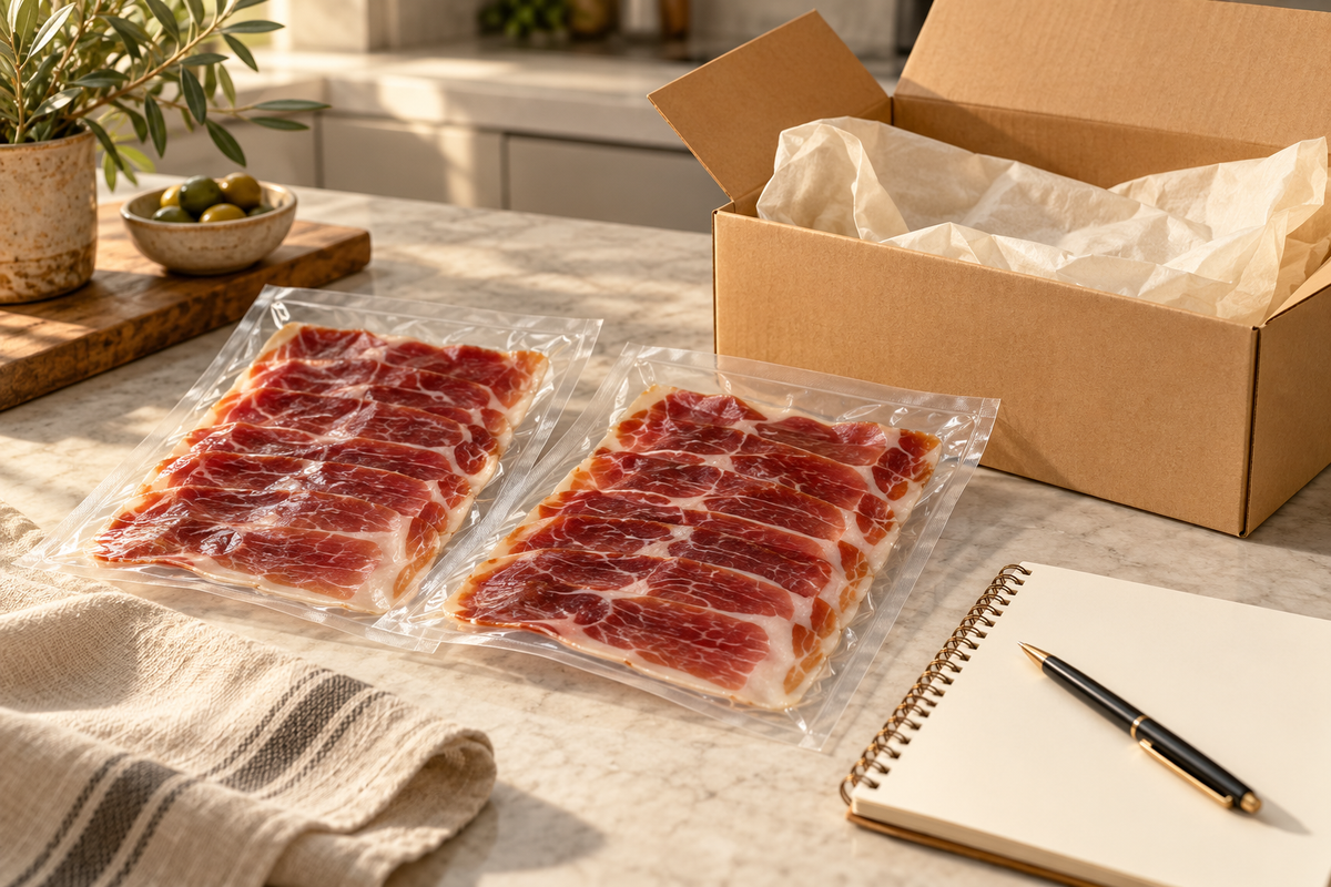 Sobres cerrados de jamón junto a una caja sin identificar y una libreta