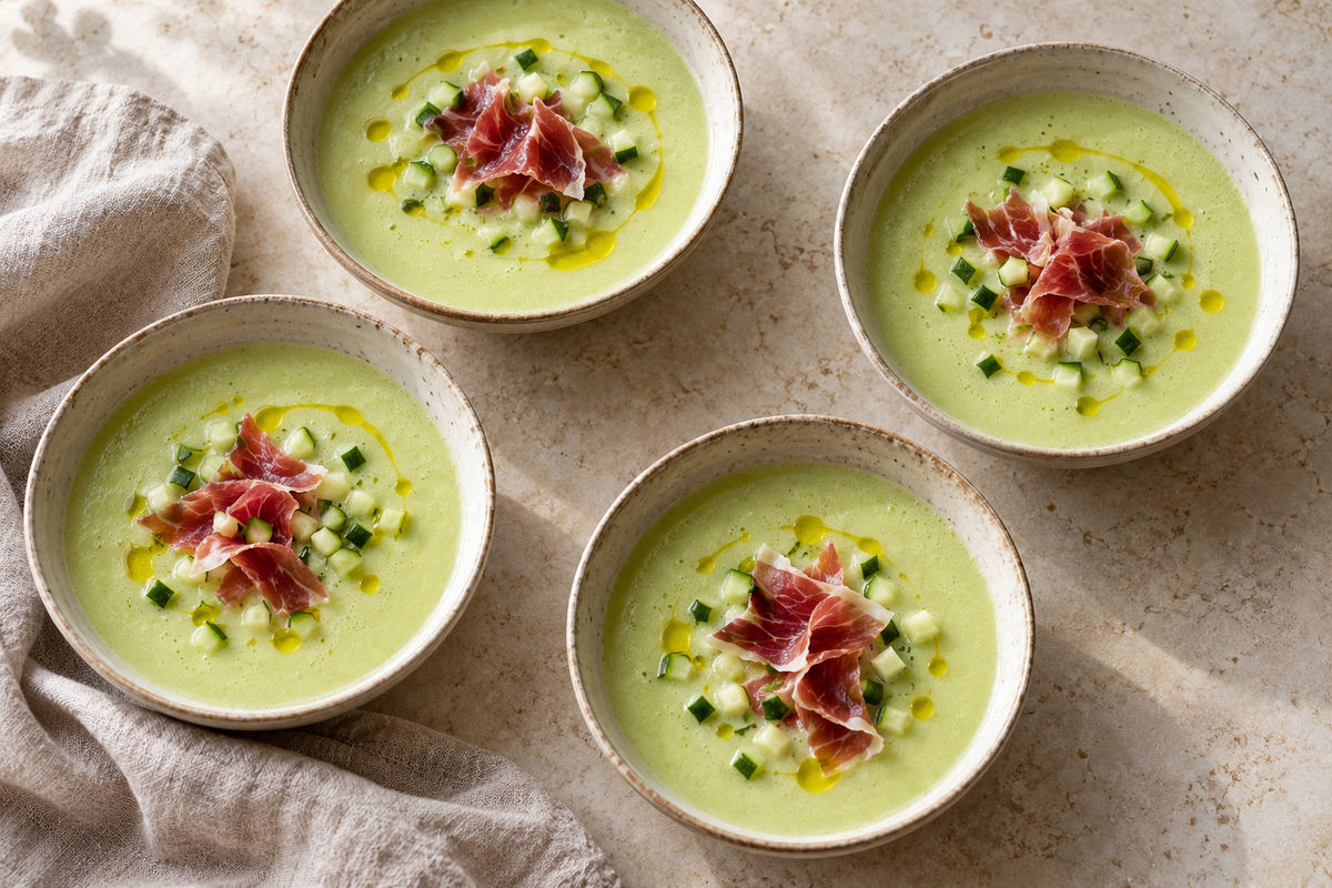 Gaspacho clair de melon et concombre au jambon; image éditoriale IA