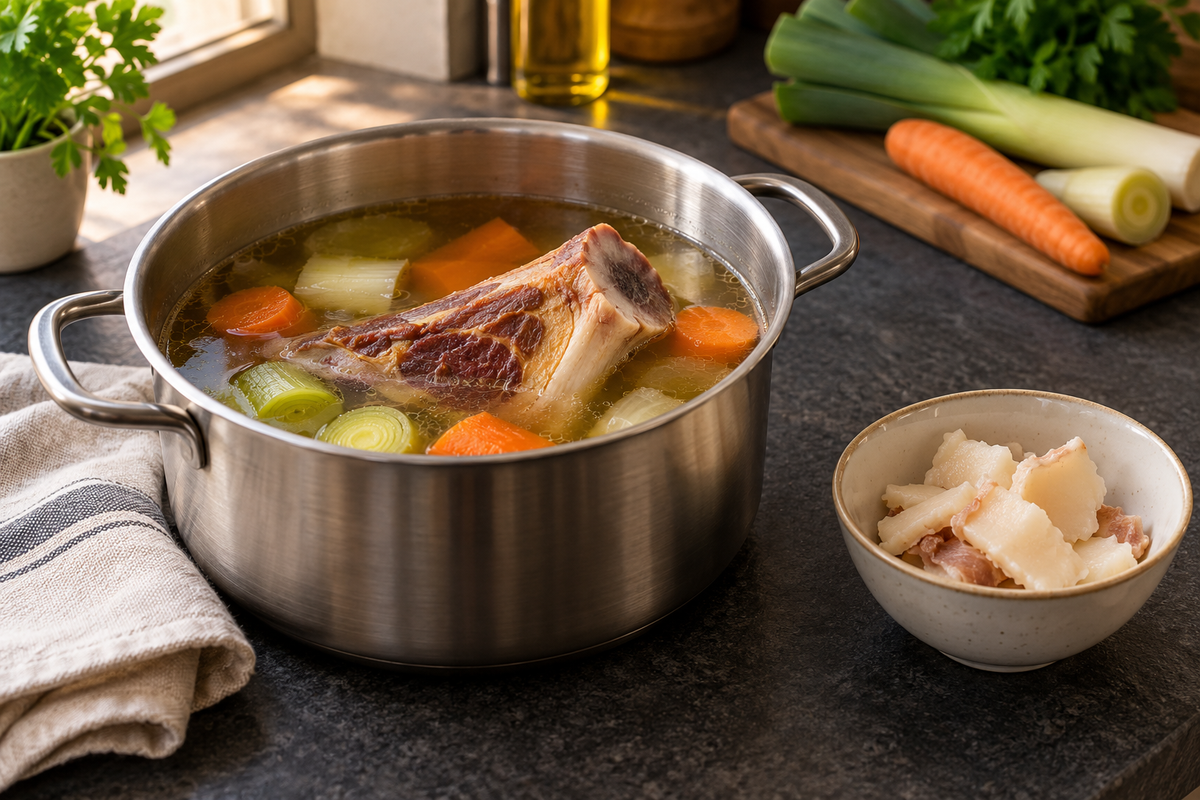 Olla de caldo con una porción de hueso de jamón y recortes de grasa en un cuenco aparte