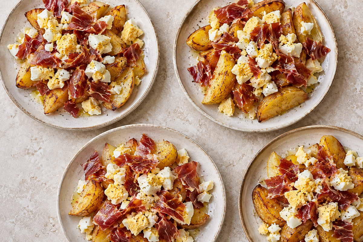 Patatas doradas con huevos cuajados y jamón; imagen editorial de IA