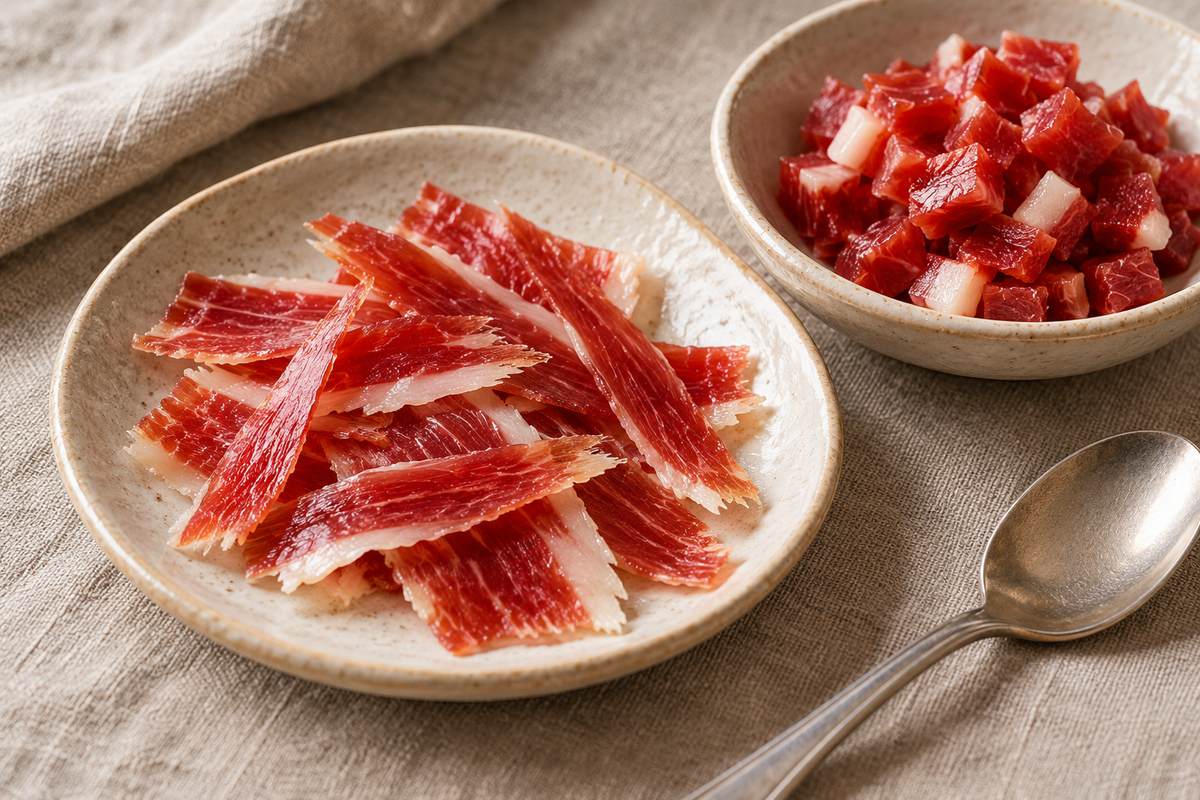 Skinkstrimlor och tärningar i två skålar på ett bord
