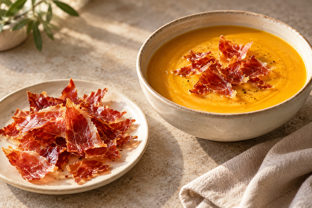 Lascas de jamón crujiente junto a una crema de calabaza