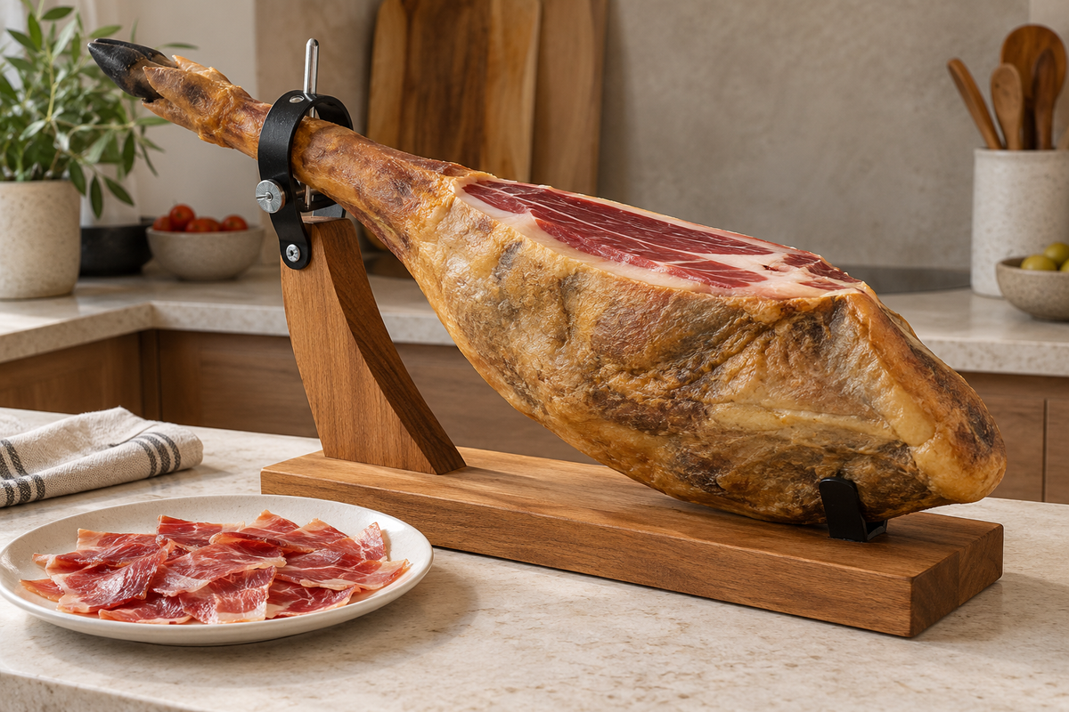 Pieza de jamón parcialmente cortada sobre un soporte con un plato de lonchas