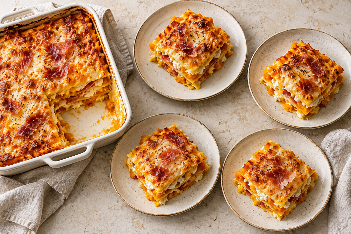 Zapiekana lasagne z dynią i szynką; redakcyjny obraz AI