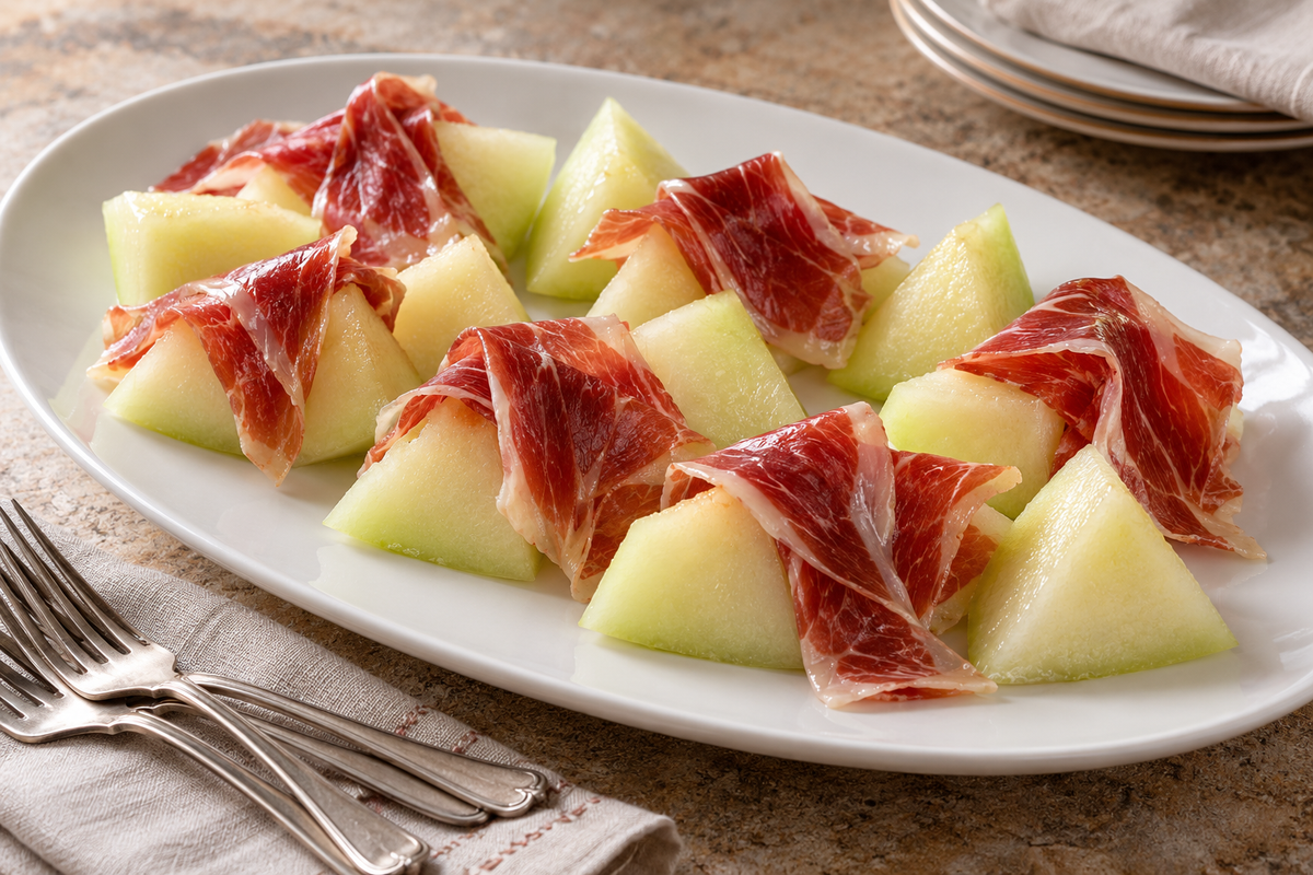Bocados de melón con pliegues de jamón en una fuente; imagen editorial de IA
