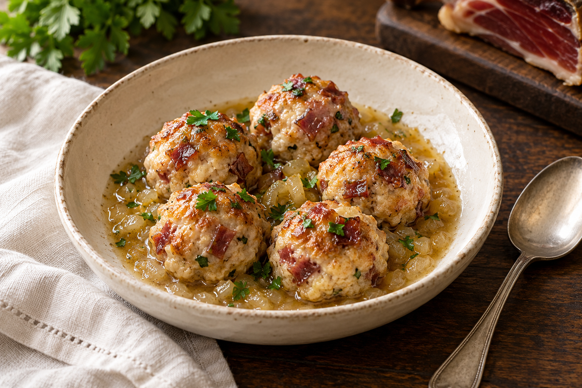Albóndigas de pollo y jamón con salsa de cebolla en un cuenco claro