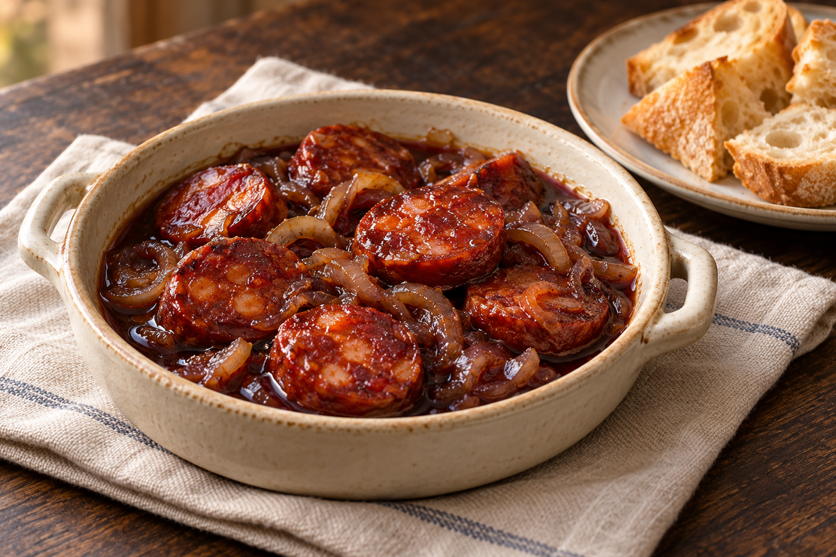 Rodajas de chorizo curado con salsa de vino tinto y cebolla en una cazuela