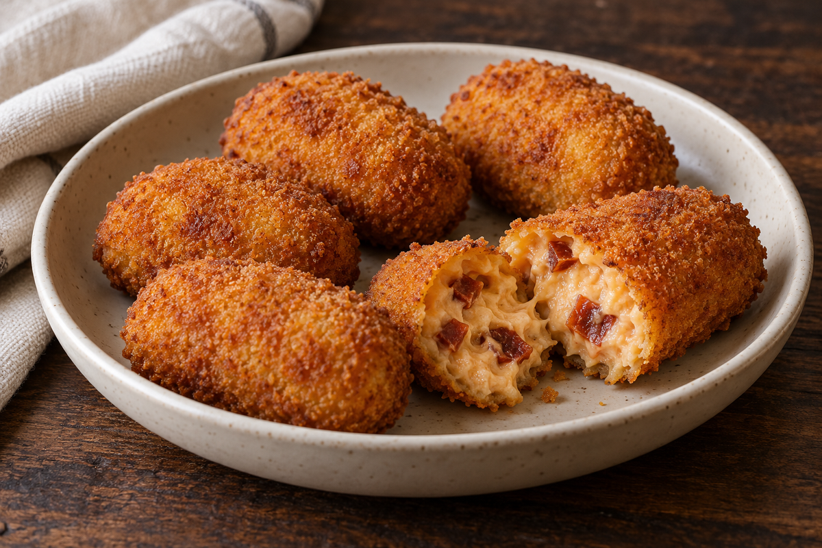 Croquetas doradas de chorizo con una abierta mostrando la bechamel