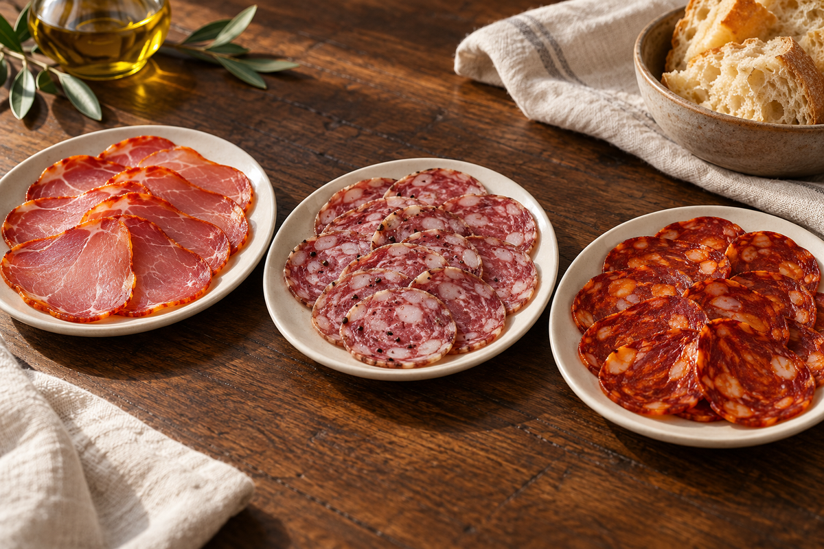 Tres platos separados de lomo curado, salchichón y chorizo