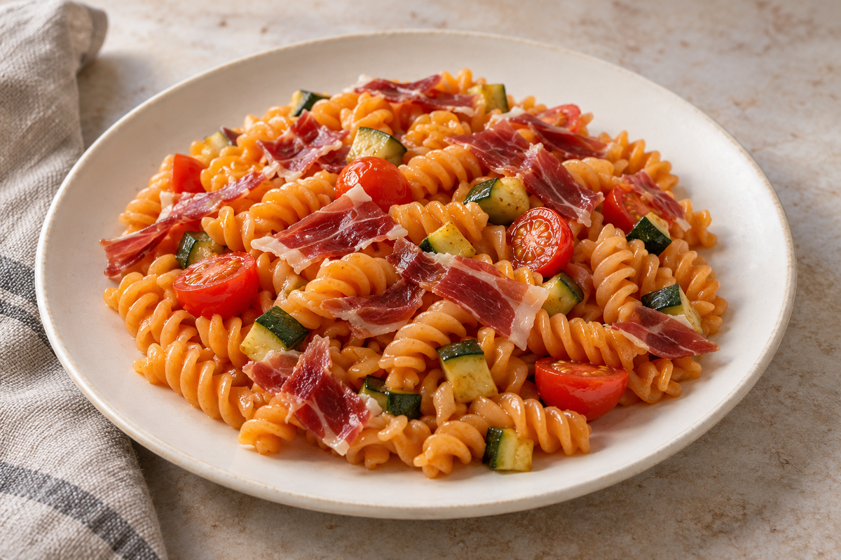 Pasta de lenteja roja con calabacín, tomates y tiras de jamón, ilustración de IA
