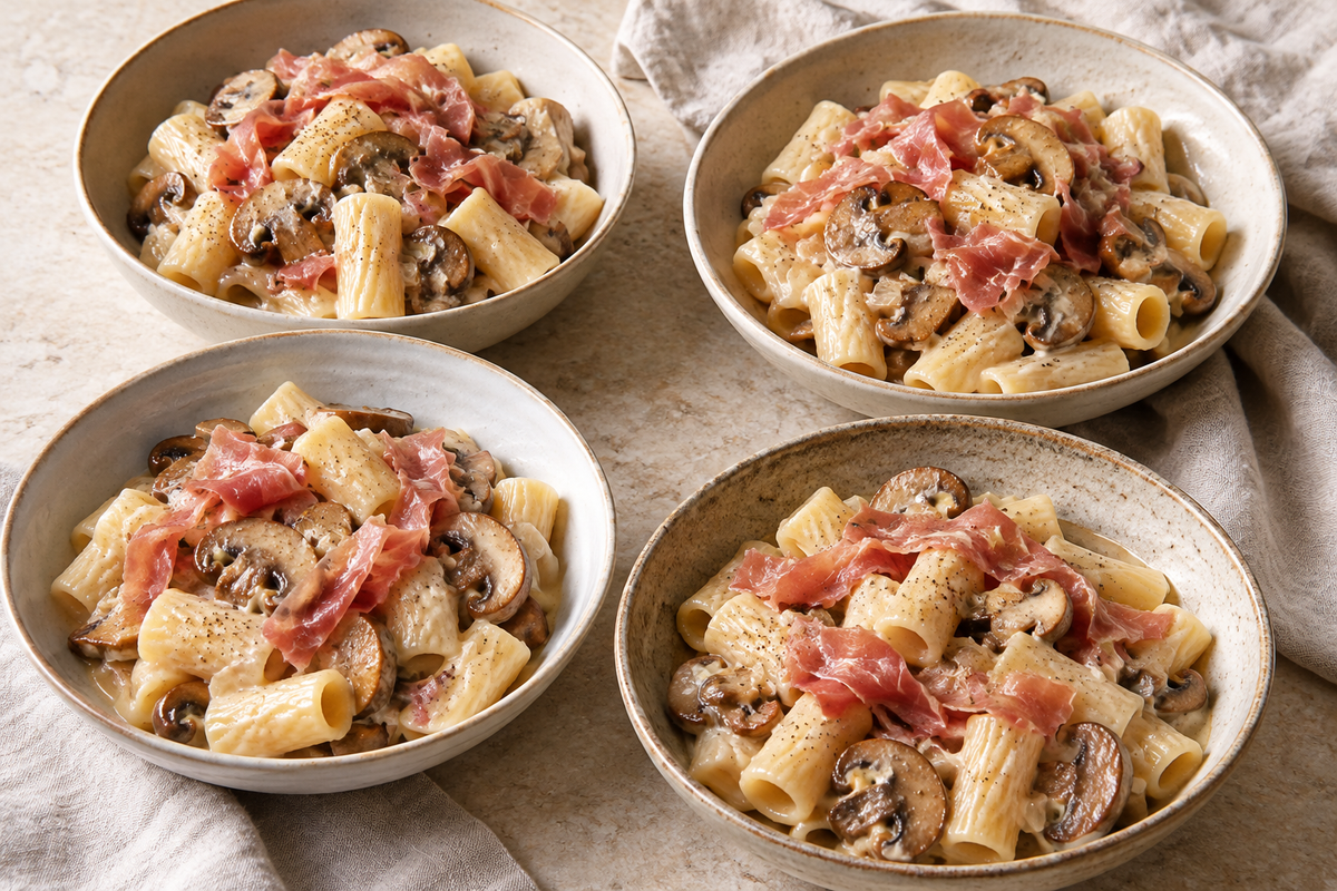 Pasta med champignoner og skinke tilsat ved servering