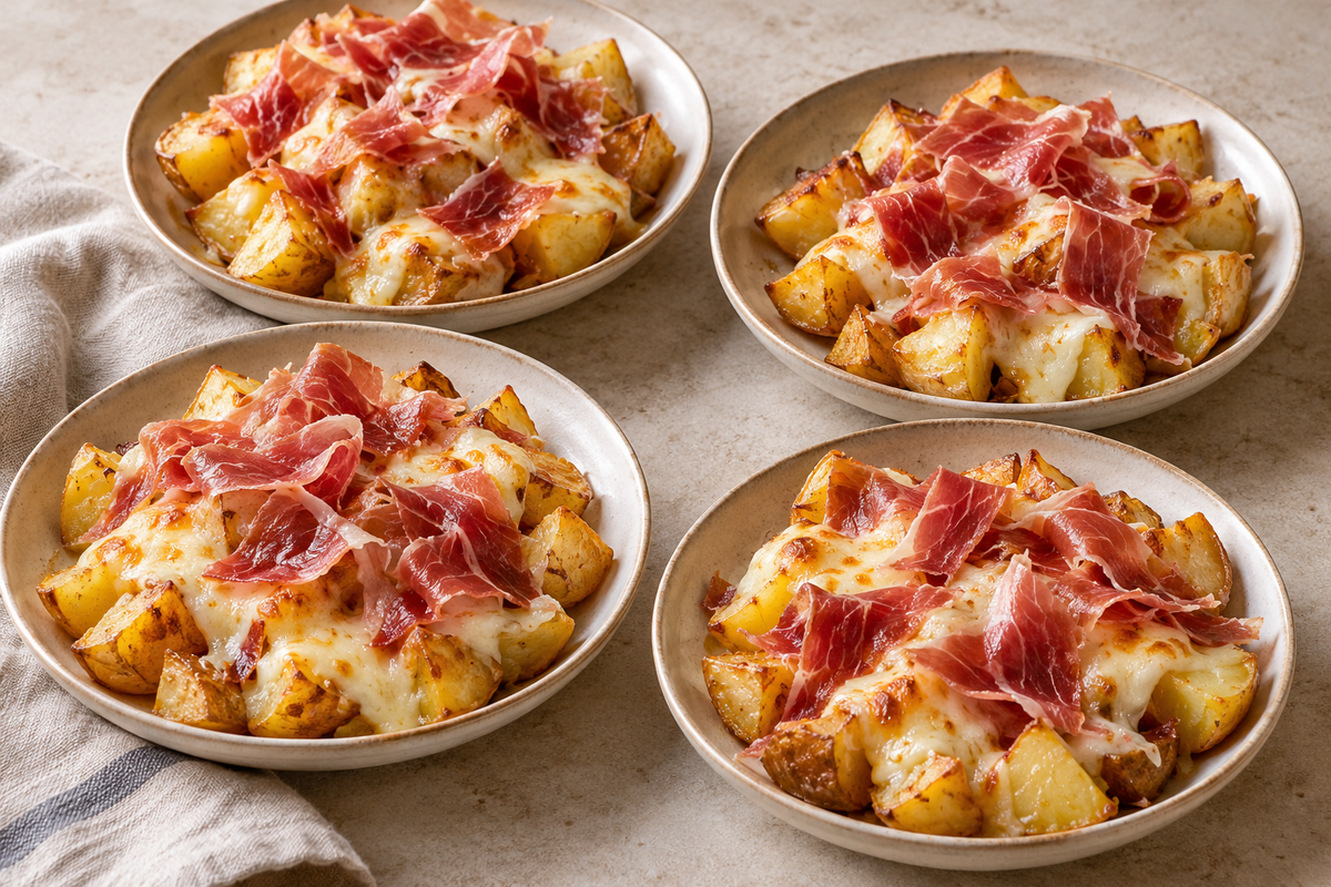 Patatas gratinadas con mozzarella y jamón añadido al servir