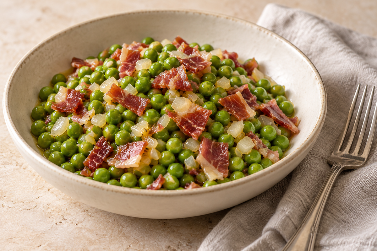 Plato de guisantes con cebolla y pequeños trozos de jamón; imagen editorial de IA