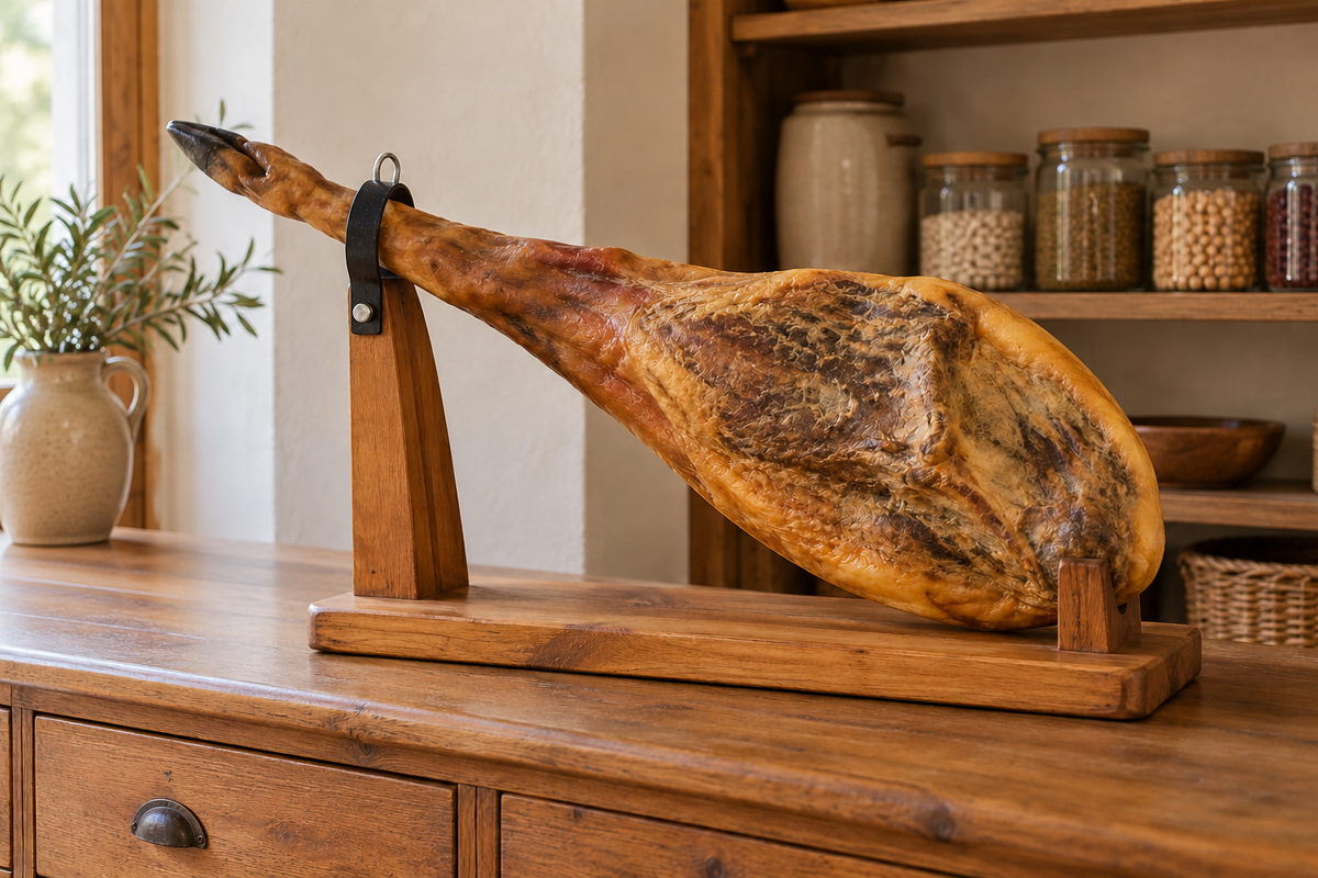 Pieza genérica de jamón curado intacta en un soporte estable y un espacio sombreado