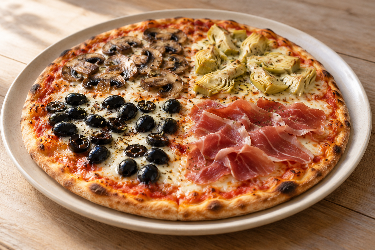 Pizza med fire adskilte kvarte med svampe, artiskokker, oliven og skinke