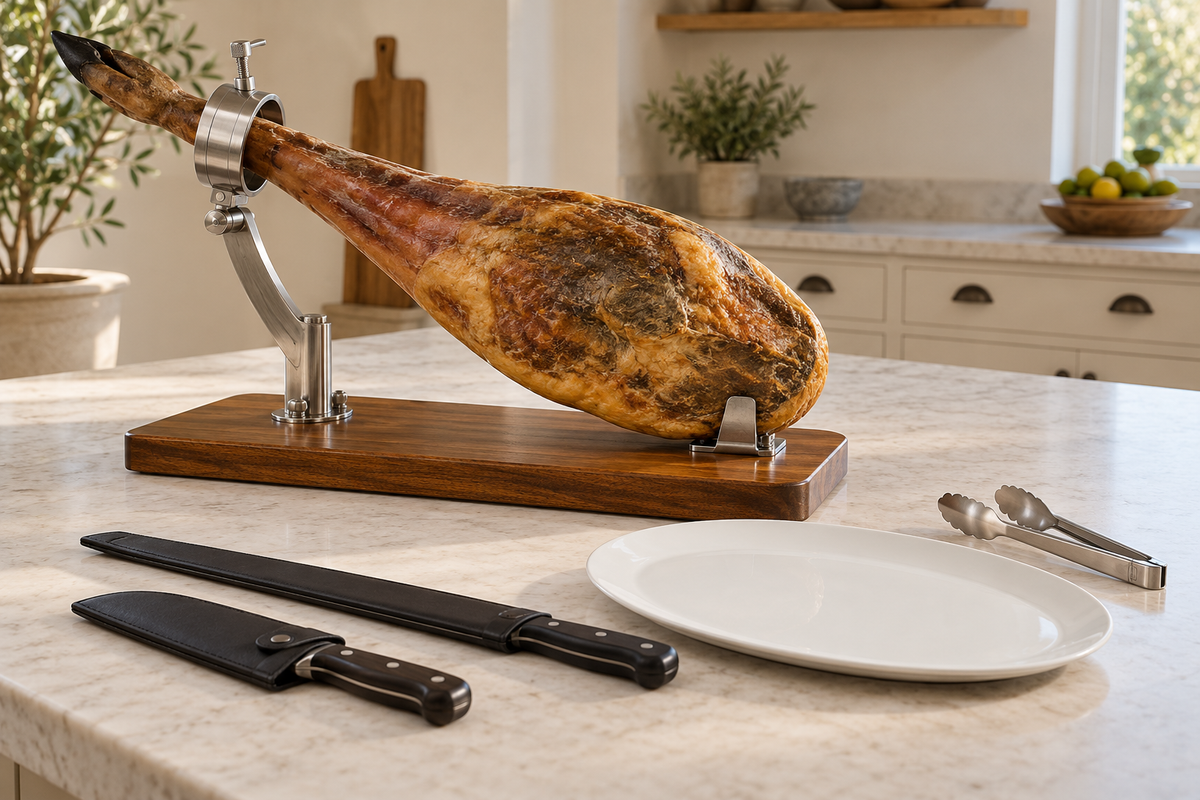 Jamón entero fijado en soporte junto a plato, pinzas y cuchillos enfundados