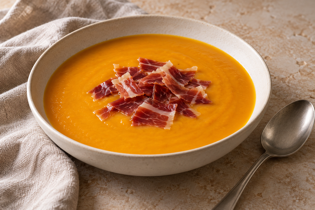 Crema de calabaza con pequeños trozos de jamón en un cuenco; imagen editorial de IA