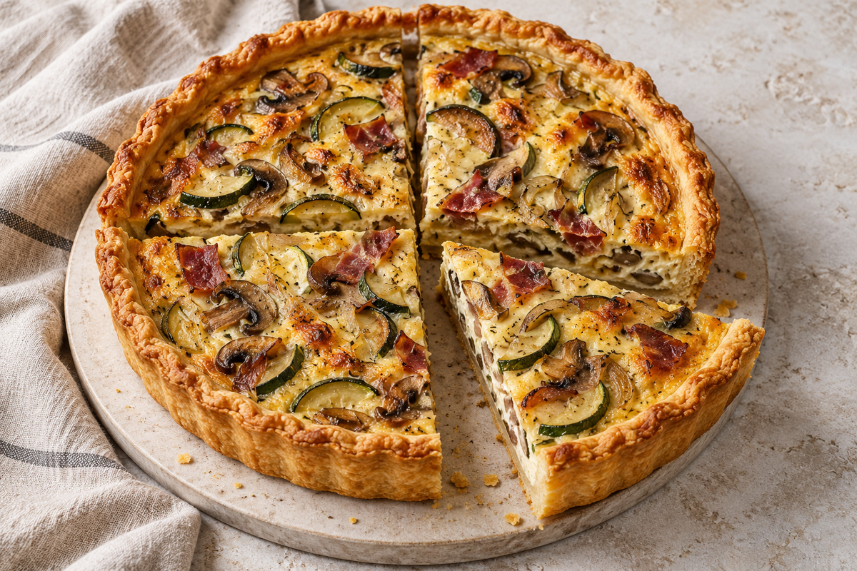Quiche de calabacín, champiñones y jamón en cuatro porciones