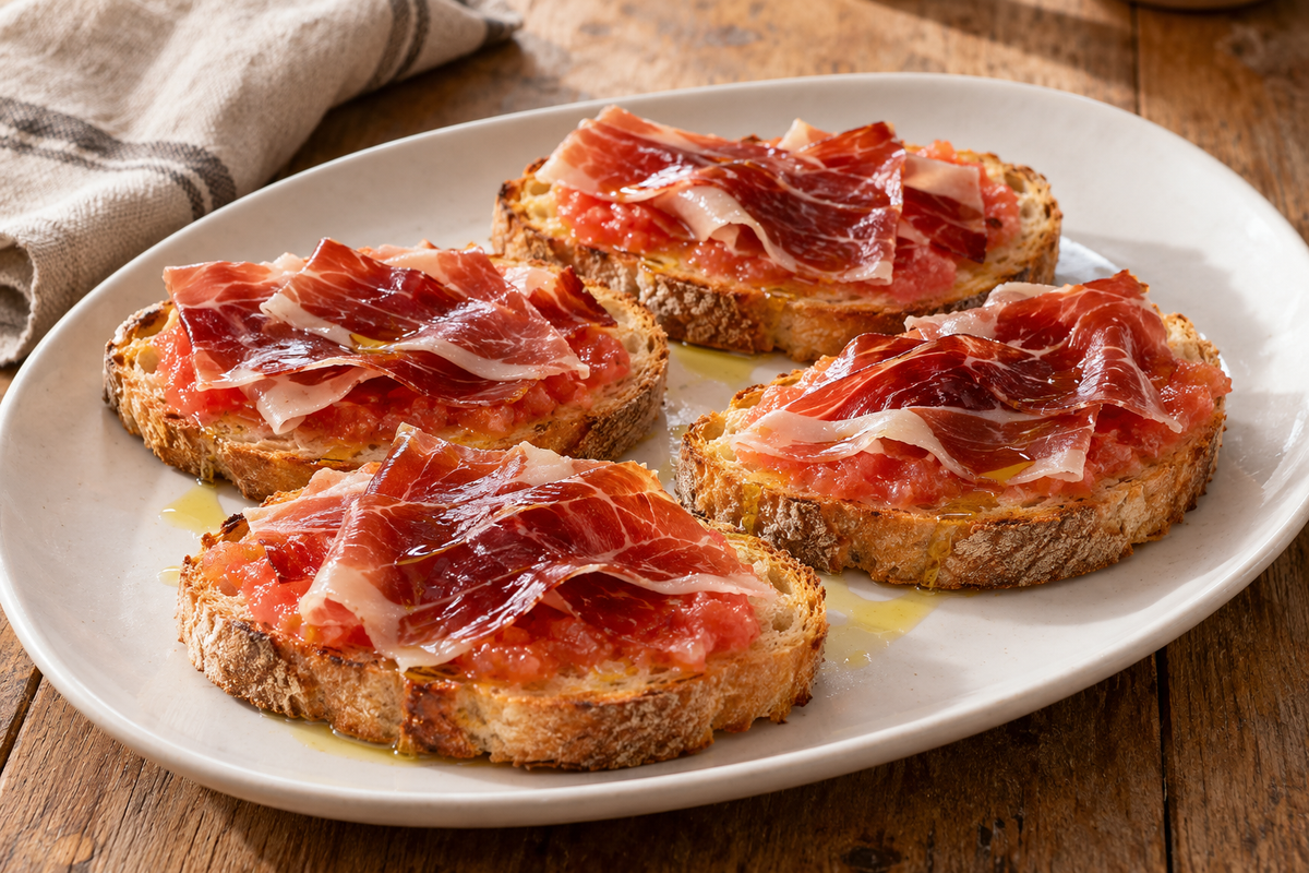 Cuatro tostas de tomate y jamón