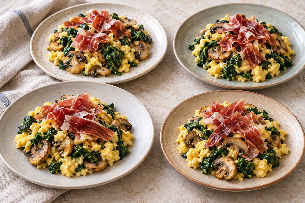 Revuelto cuajado de espinacas y champiñones con jamón