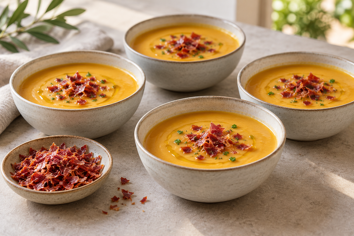 Fine sprøde skinkekrummer ved små skåle grøntsagssuppe med et let drys